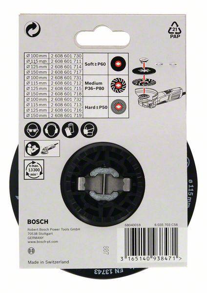 'Bosch' Grinding Disc Packaging: Contains symbols for disc diameter, grit (soft P60, medium P80, hard P50) and usage instructions.