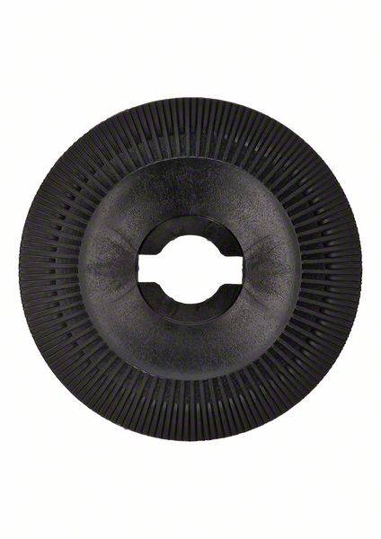 A black, round plastic component with a ribbed surface and a central hole. Could be part of a mechanical engineering component.