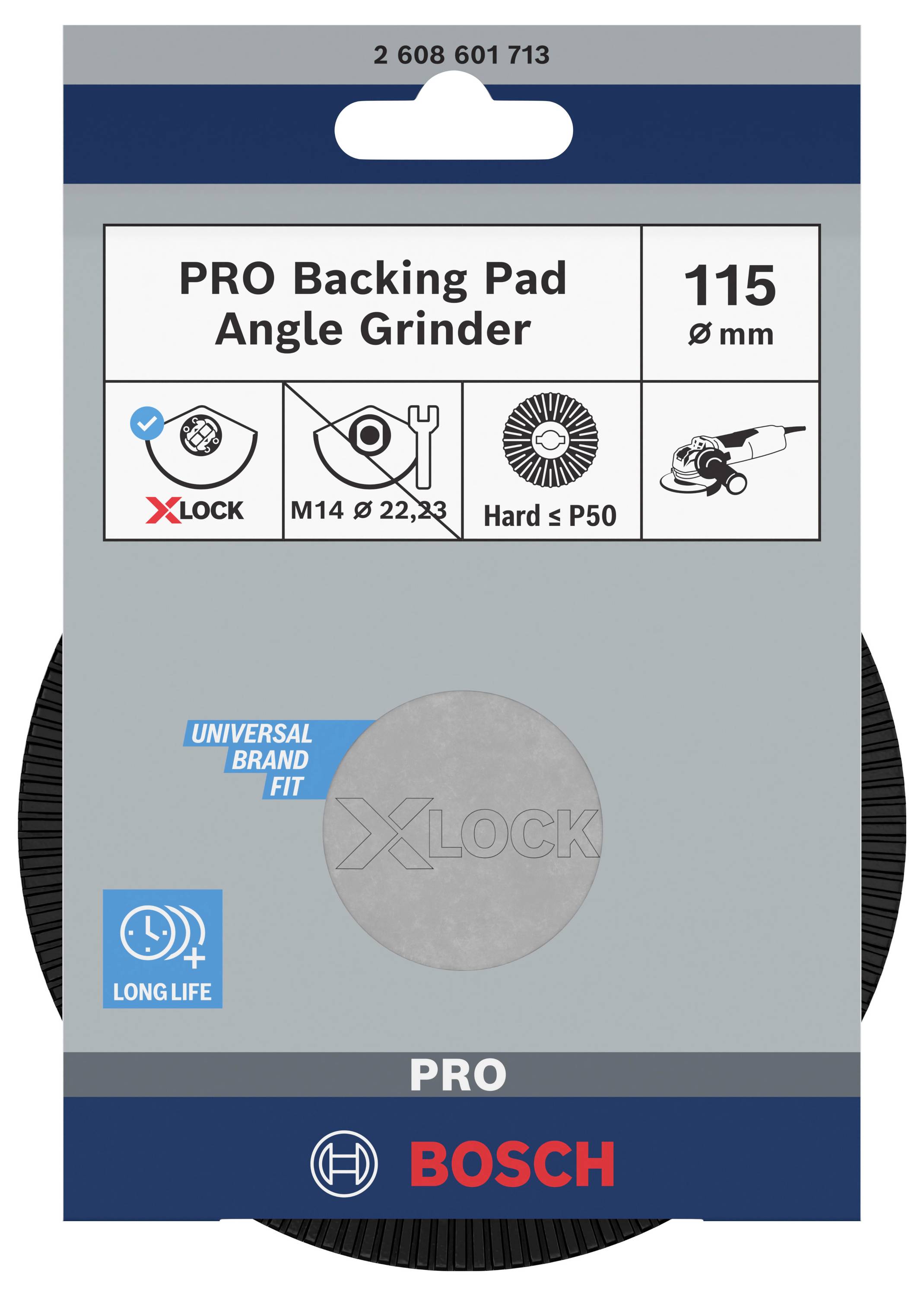 Packaging of a grinding disc for angle grinder, 115 mm diameter, compatible with X-Lock system, Bosch brand.