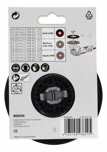 'Back of packaging for Bosch sandpaper for angle grinders. Displays various grits (P60, P80, P120) and compatible sizes.'