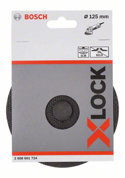 Bosch grinding disc, suitable for Ø 125 mm, featuring X-LOCK system. Packaging includes compatibility diagram and product number.