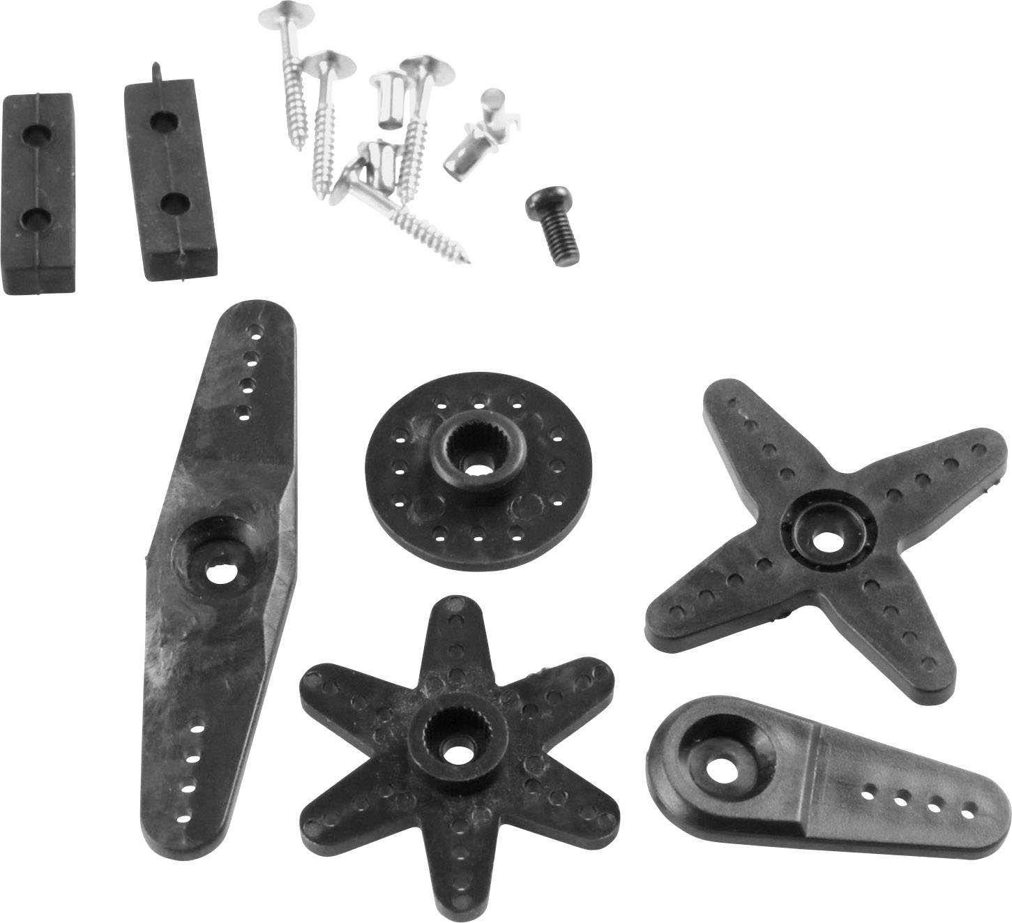 Various black plastic components and screws, including arm-shaped and star-shaped attachments, against a white background.