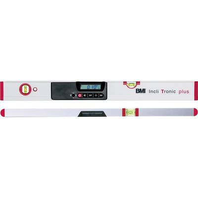 Electronic spirit level with digital display showing angle of inclination. Brand name 'BMI Incl Tronic plus' visible, with red end caps.