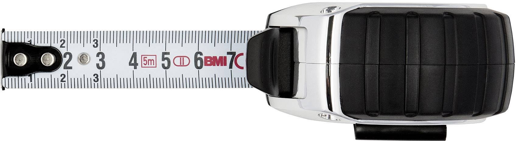 The image shows a tape measure at a length of 5 metres, black and silver, with a rubberised grip.