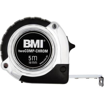Measuring tape with 'BMI' logo, black and silver colours, 5 metres long, 19 mm wide, manufacturer's website 'www.bmi.de'.