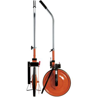 Two orange measuring wheels with black handles and metal rods, showing front and side views.