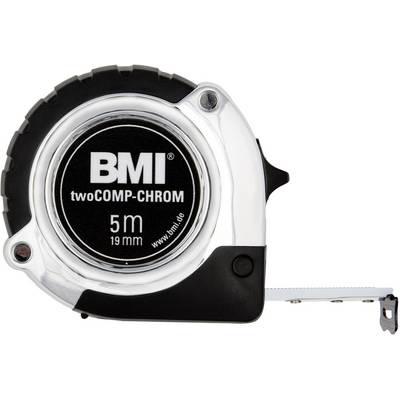 Measuring tape by BMI, model 'twoCOMP-CHROM', 5 metres long, 19 mm wide, with black and silver casing.