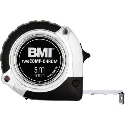 A metal tape measure with a black casing. Inscription: 'BMI twoCOMP-CHROM 5m 19mm'. Ideal for precise measurements up to 5 metres.