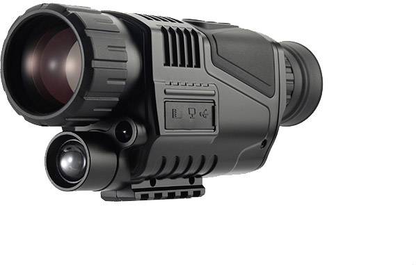 Night vision device with large lens and robust housing, used for observations in low-light conditions.