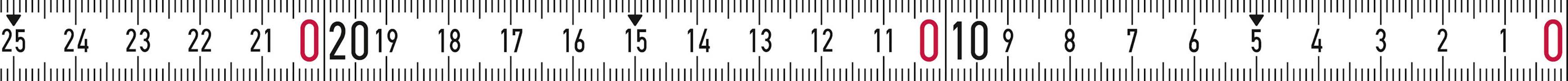 A tape measure in centimetres from 25 to 1 with numbers 100, 10 and 0 highlighted in red at the ends and in the middle.