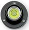 Round spirit level with a green, circular liquid container and air bubble in the centre, embedded in a black mounting bracket.