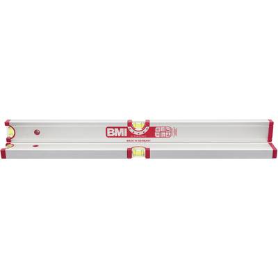 Metal spirit level with three vials, red lettering "BMI" and "Made in Germany". Suitable for precise measurement of flatness.