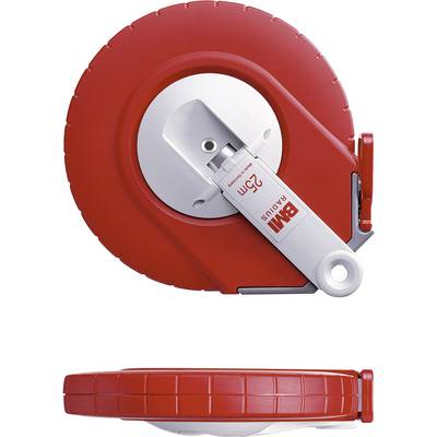 A red tape measure with a length of 25 m, housed in a circular casing with a hand crank on the side.
