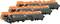 Three orange and black toner cartridges in a row, for use in printers.