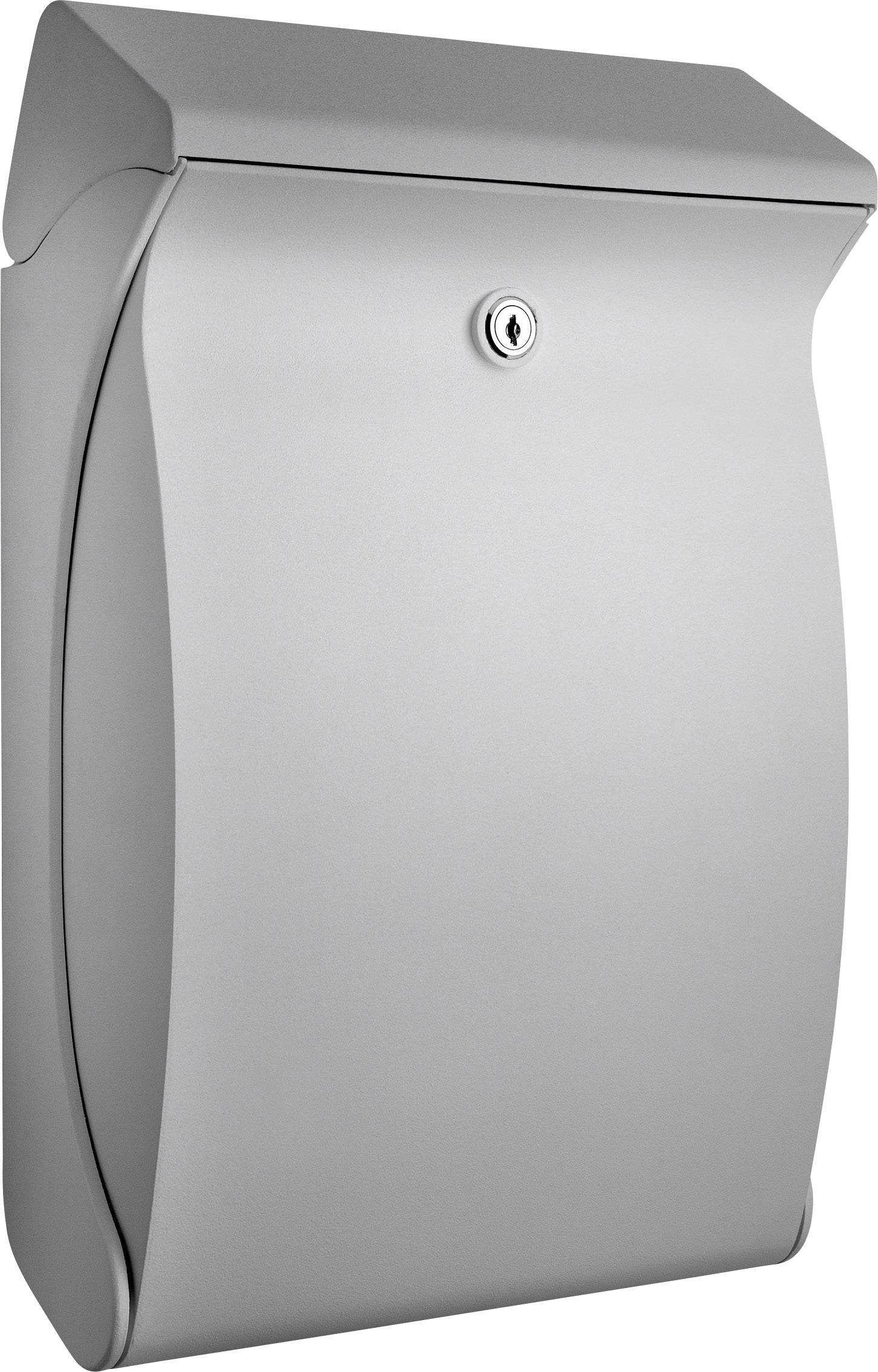 Grey, wall-mounted letterbox with a rounded design and a lock on the front.