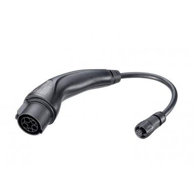 A black charging plug for electric vehicles with an angled handle and a round, multi-pin connector.