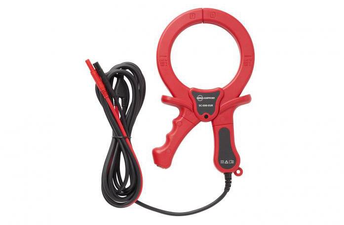 Red electrical current measuring device with cable, used for measuring electrical currents in cables.