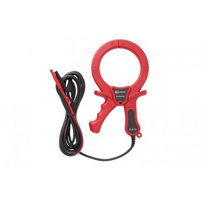 Red electrical current measuring device with cable, used for measuring electrical currents in cables.