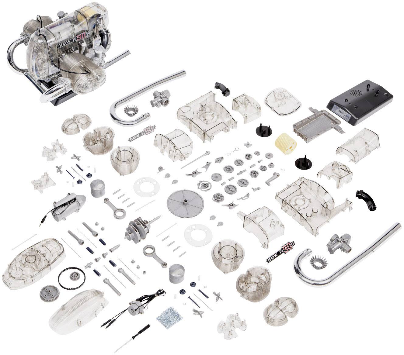 Dismantled V8 engine with all individual components, including pistons, cylinders, valves and drive shafts. Components are laid out in a clear and systematic manner.
