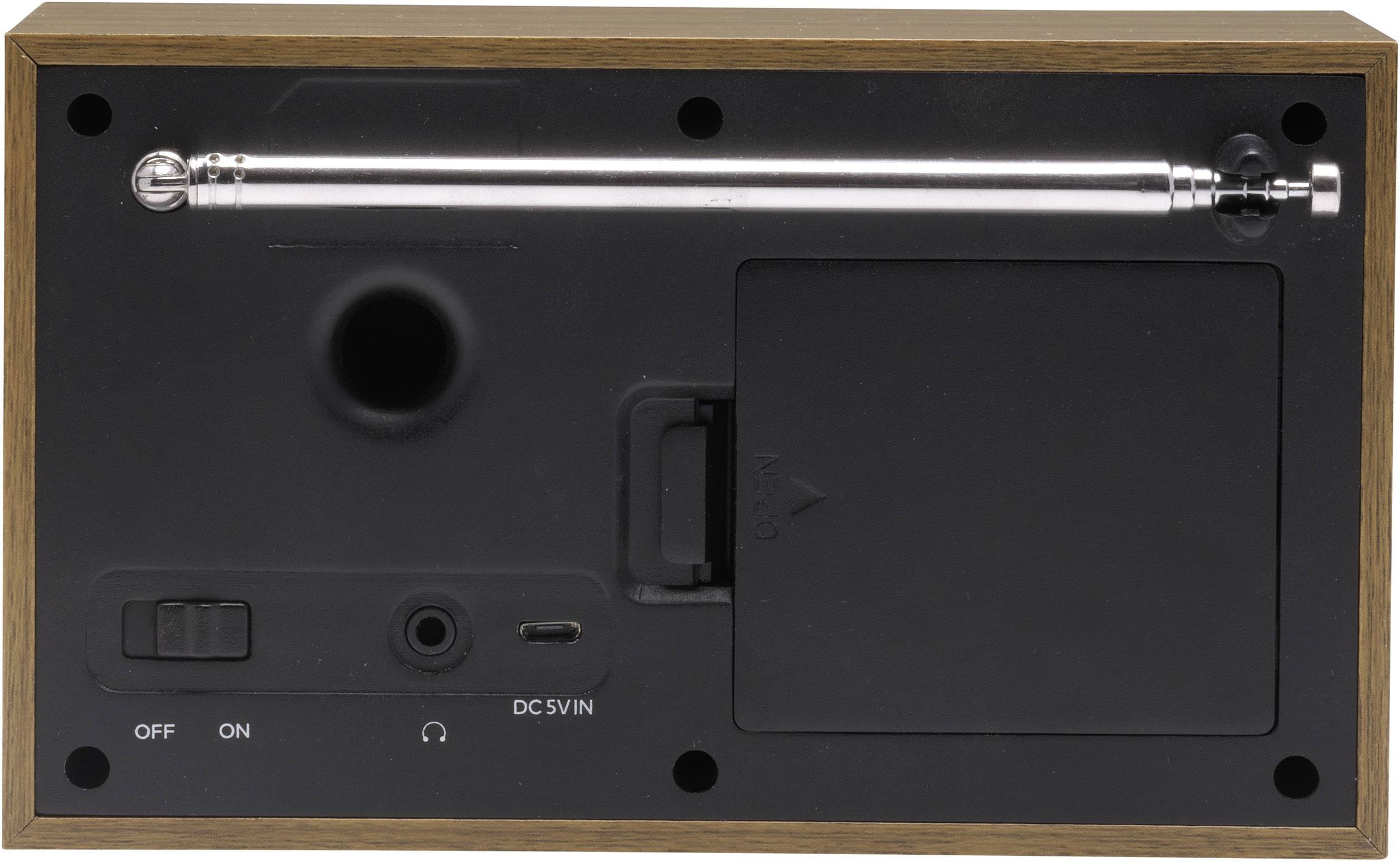 Back of a wooden radio with an extendable aerial, power socket, and on/off switch.