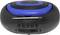 A round, black and blue robotic vacuum cleaner, front view, with visible sensors and control elements.