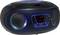 A portable black stereo device with blue accents and illuminated speakers, displaying a frequency reading of '107.5'.