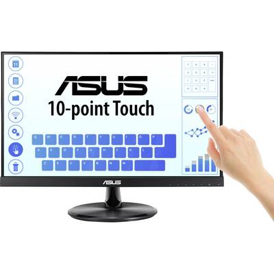 Touchscreen monitor by Asus with 10-point touch technology. One hand touches the display to activate various functions.