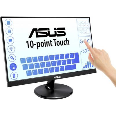 A screen featuring the 'ASUS' logo, a virtual touch keyboard and controls for touch functions. A hand is touching the screen.