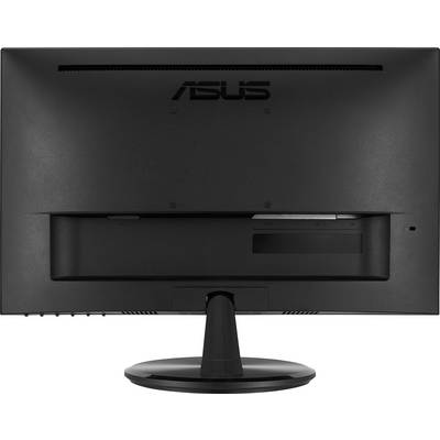 Rear view of a black monitor with the 'Asus' logo at the top. The monitor is mounted on a circular stand.
