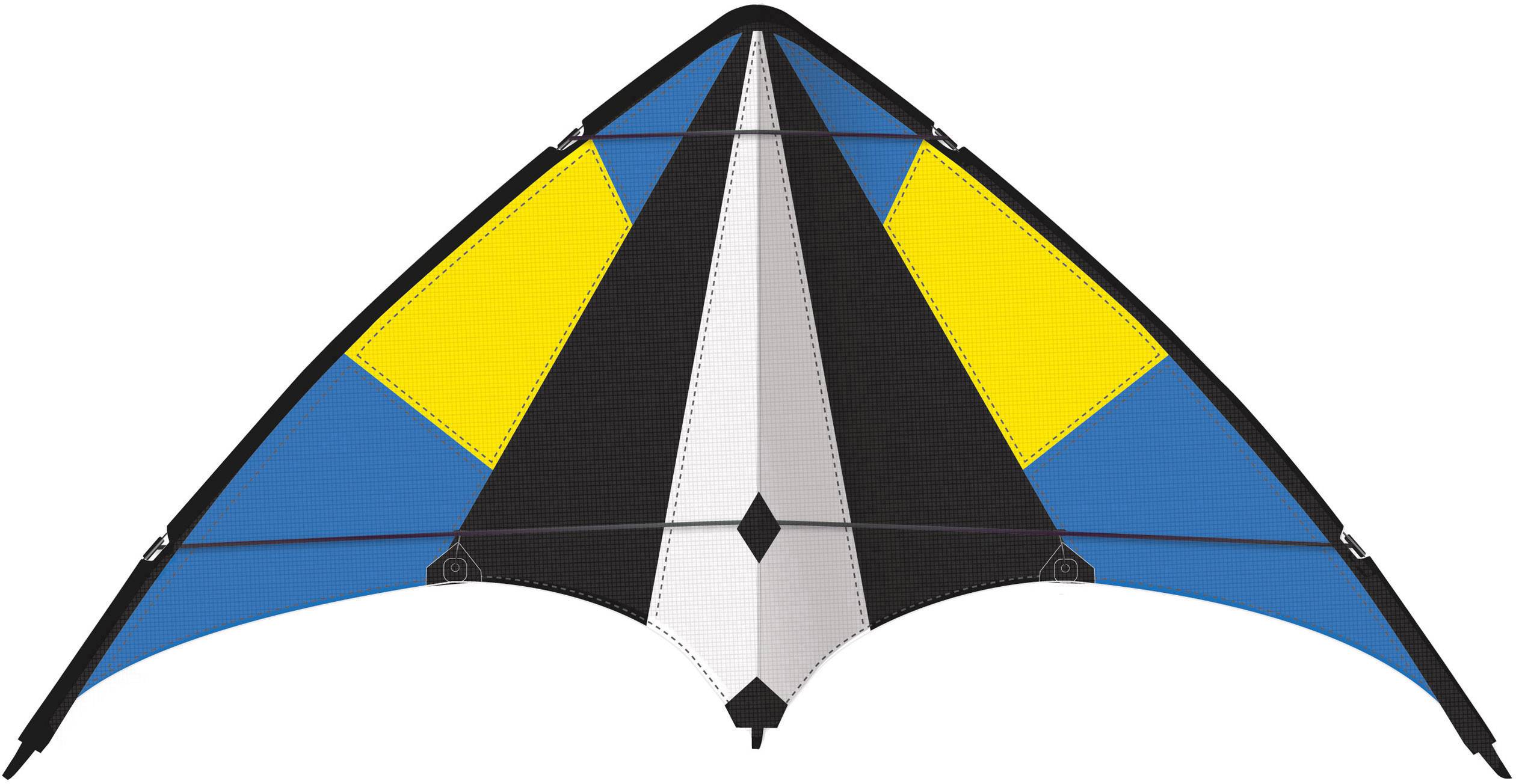 A colourful kite with a black, white, blue and yellow design, stretched into a triangular shape.