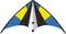 A colourful kite with a black, white, blue and yellow design, stretched into a triangular shape.