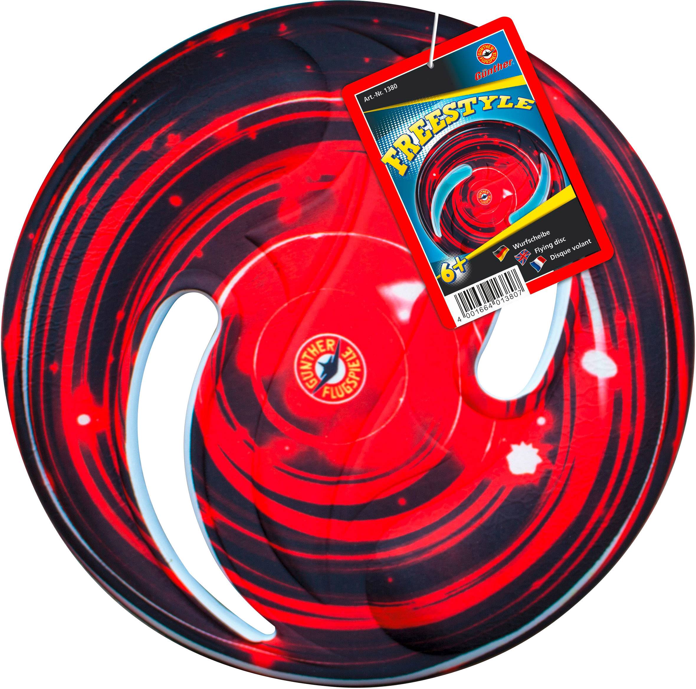 Red and black throwing ring with 'Freestyle' label. Design with dynamic patterns, suitable for outdoor games and sports.