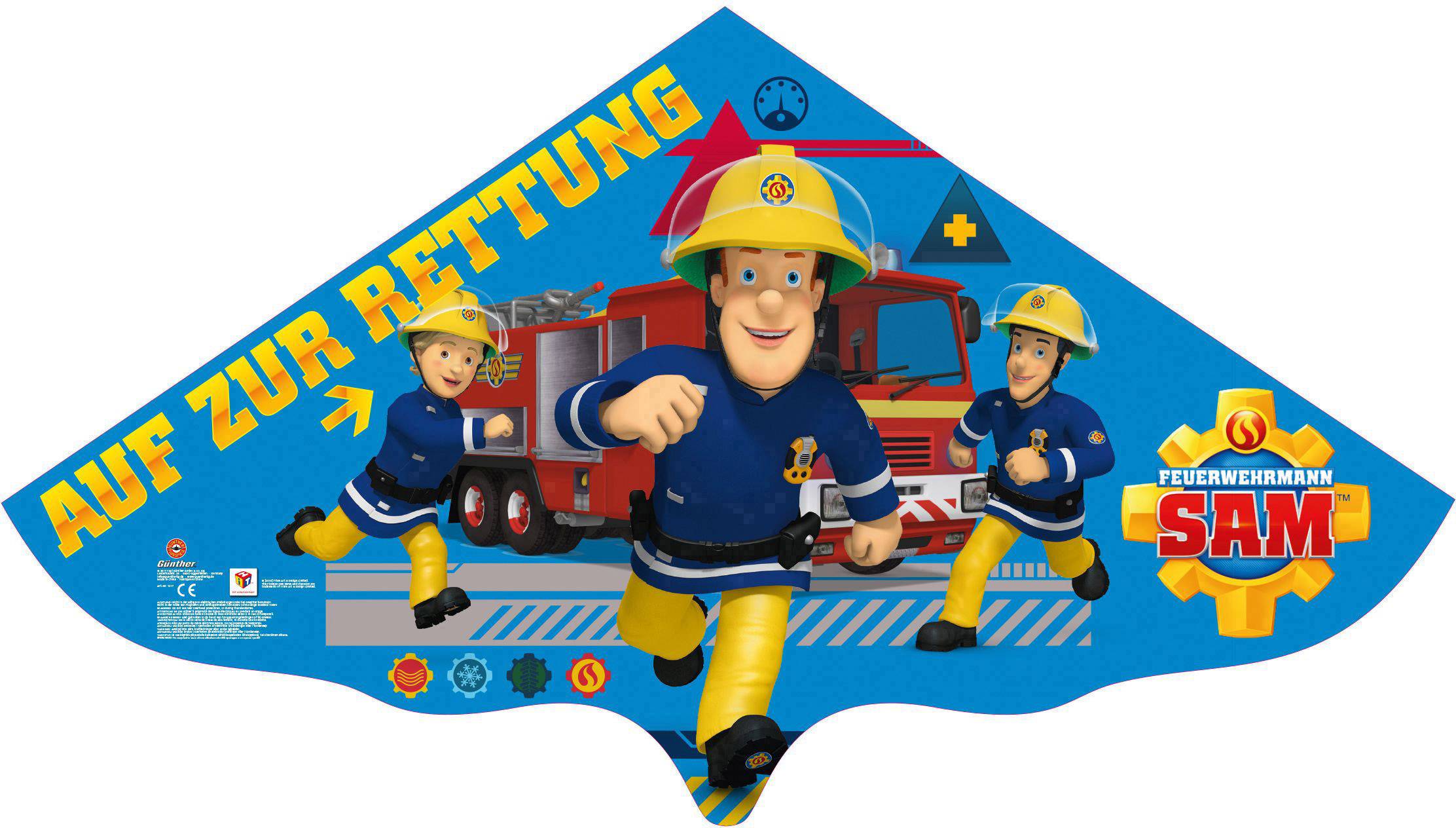 Firefighter in blue uniform and yellow helmet striding purposefully, followed by colleagues in front of a red fire engine. Text: 'To the rescue'