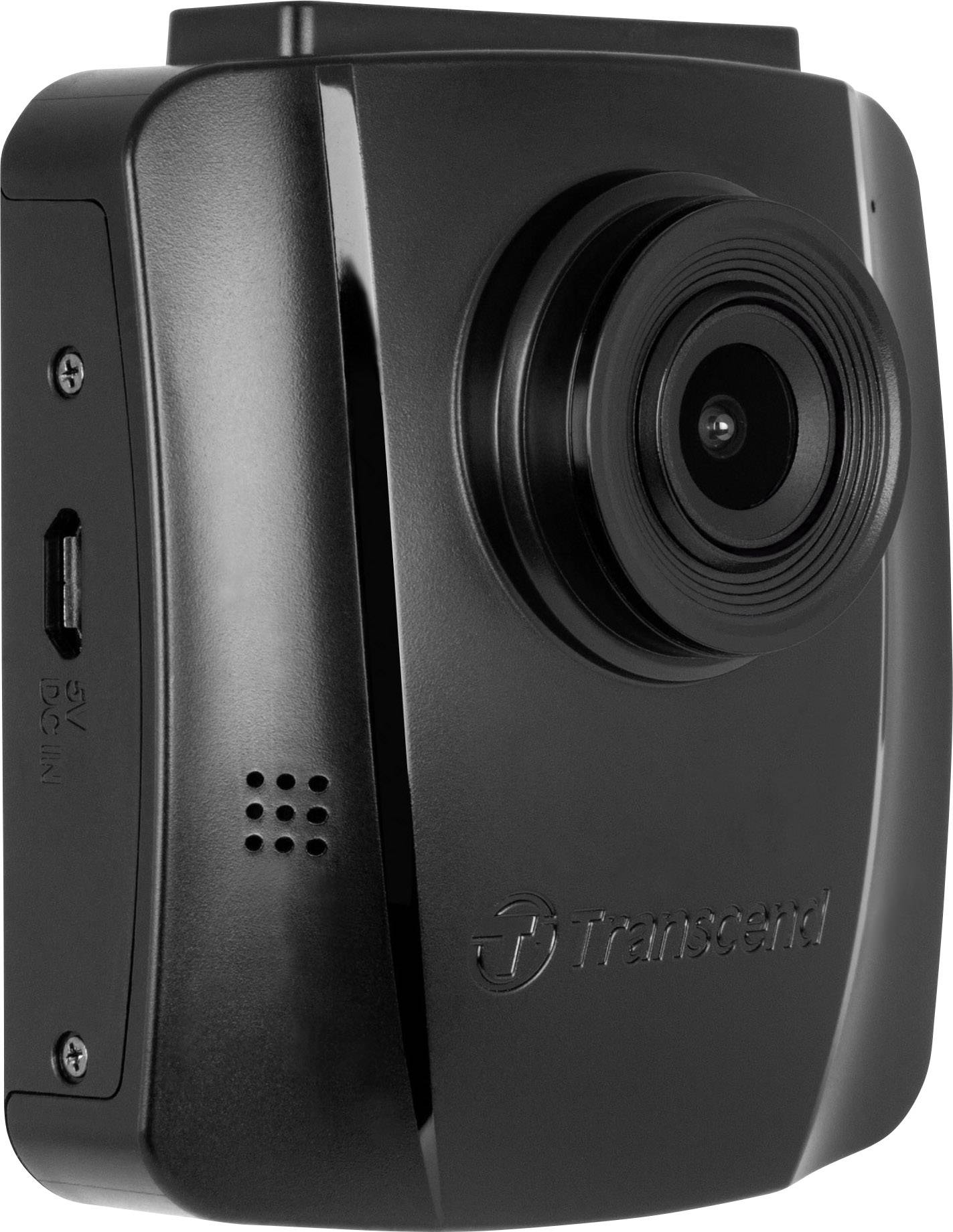 A black dashcam with a lens and microphone holes is seen from the side. It has a USB port on the left side.