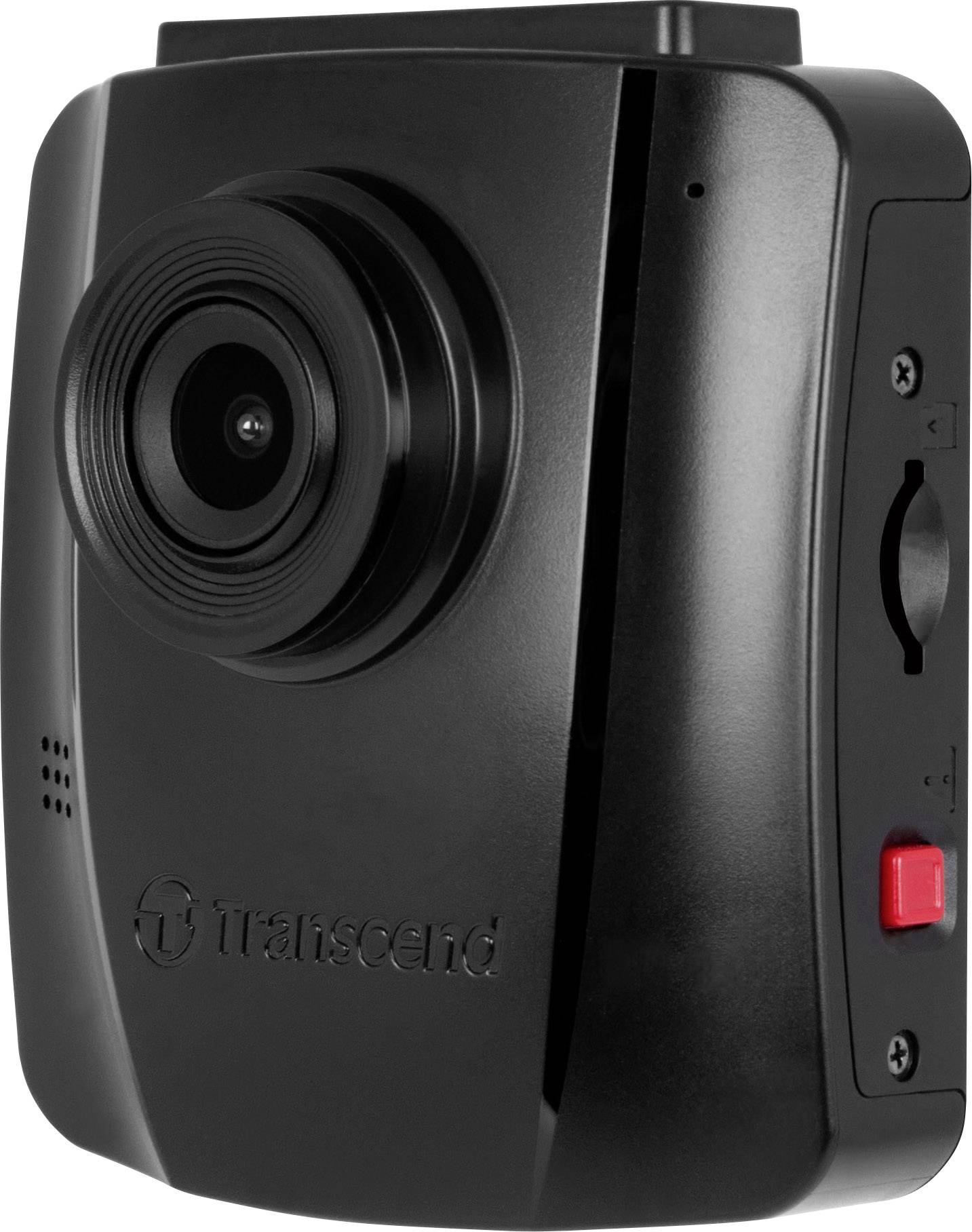 A black dashboard camera with a lens and control buttons on the side, suitable for recordings in a motor vehicle.