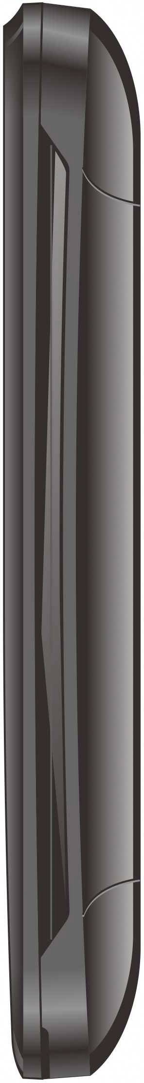 Side view of a black flip mobile phone with closed clamshell, showcasing the device's slim design.