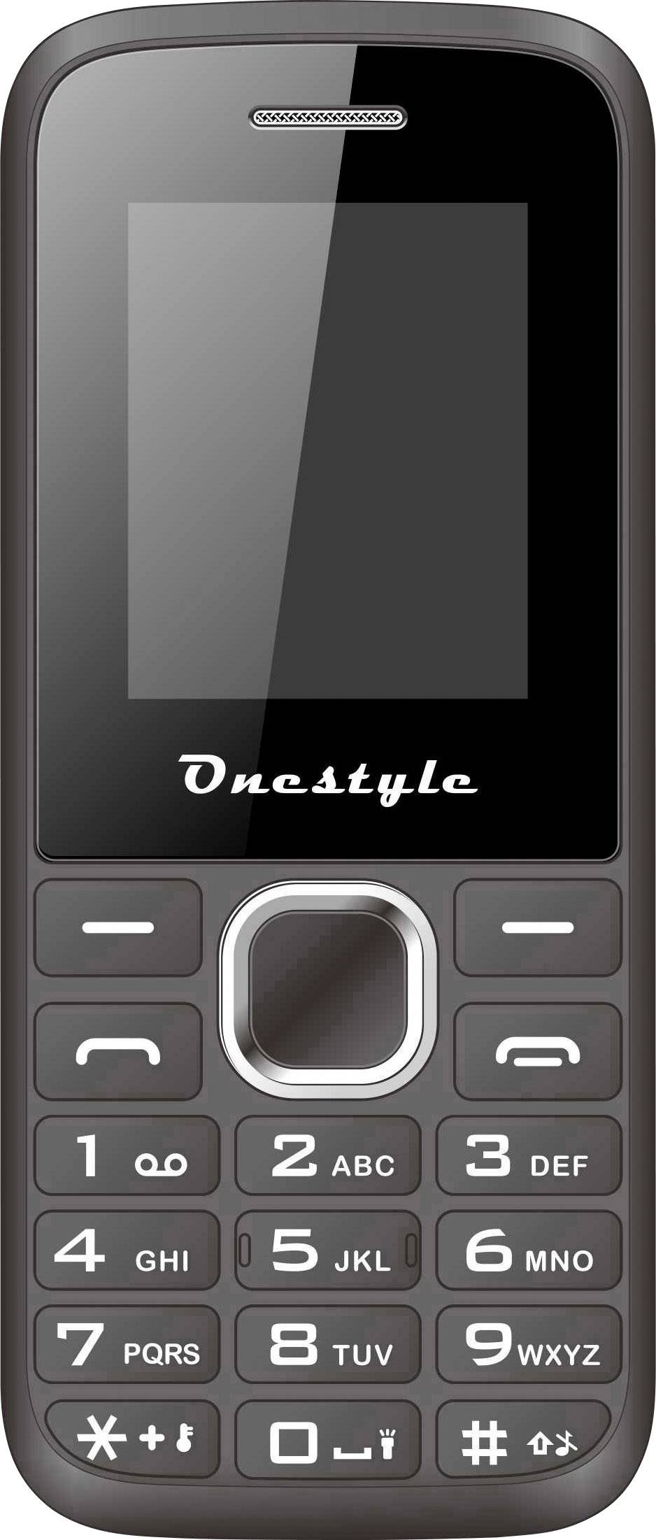 A simple mobile phone with buttons and a small screen. 'Onestyle' label beneath the screen.