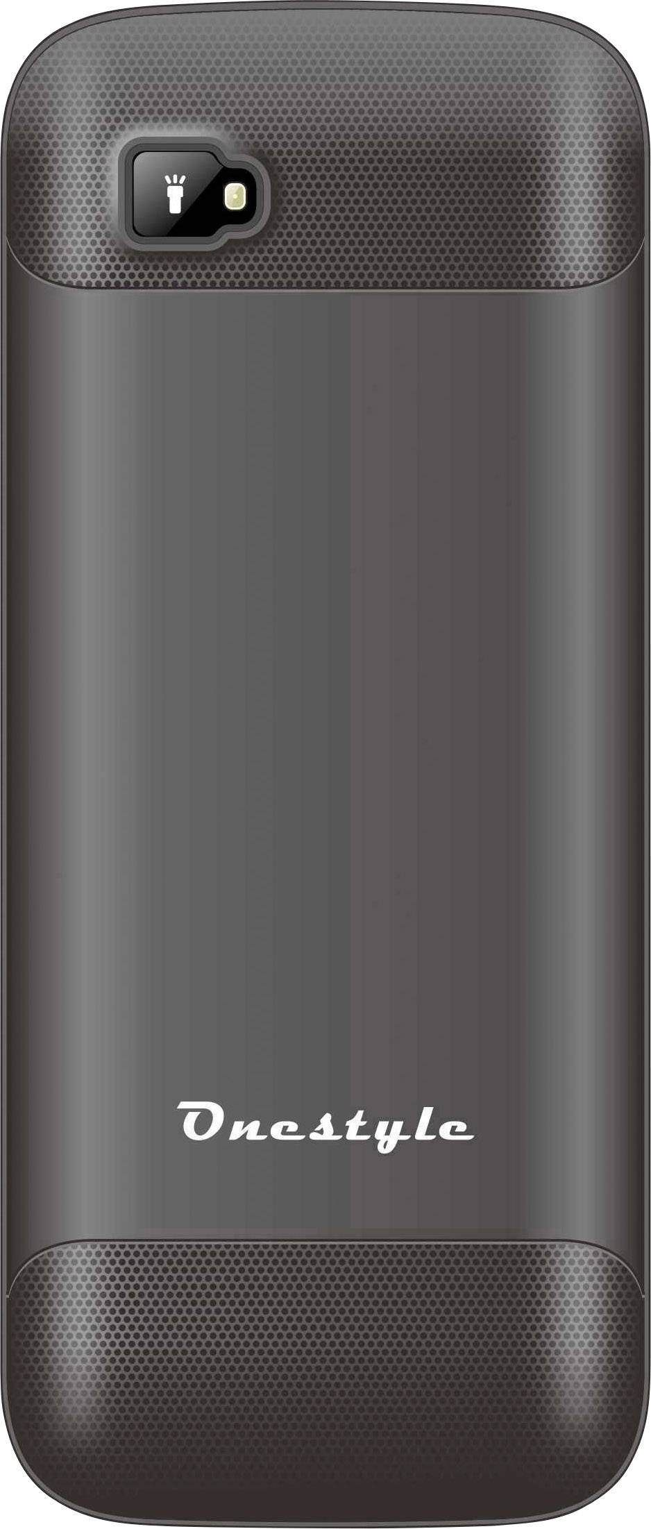 A simple black mobile phone with a camera lens and flash in the top left. The brand 'Onestyle' is written at the bottom.