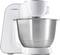 Bosch food mixer with a silver mixing bowl and white casing, suitable for versatile dough preparations.