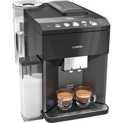 A black Siemens coffee machine with two filled glasses underneath. Buttons on top for various coffee options, water tank on the left.