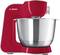 Red Bosch stand mixer with metal mixing bowl. Side view shows adjustable speed dial. Ideal for dough preparation.