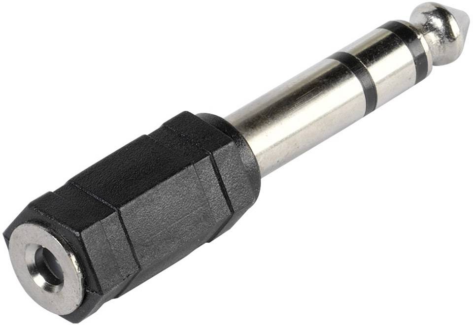 A black adapter plug converting from a 6.3 mm jack socket to a 3.5 mm jack plug, used for audio devices.