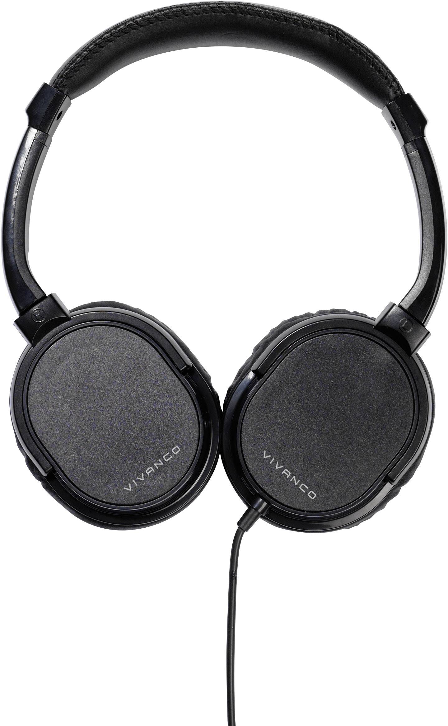Black wired headphones with padded ear cups and headband. Brand 'Vivanco'. Suitable for audio applications.