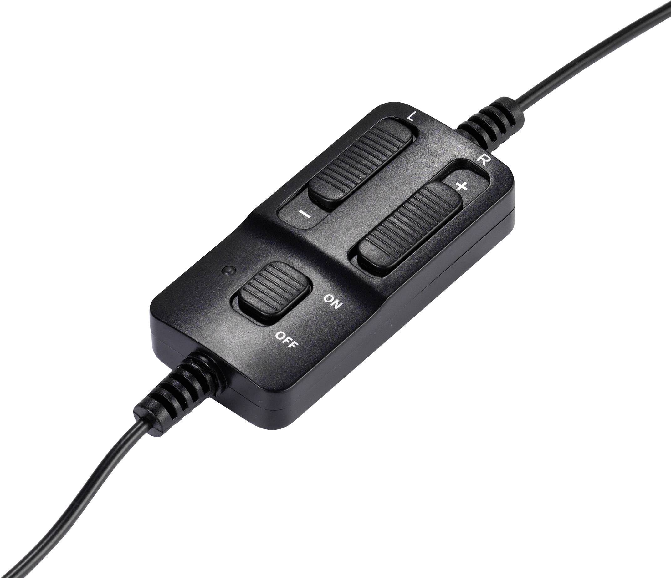 Black cable controller with switches for left/right volume control and power on/off button.