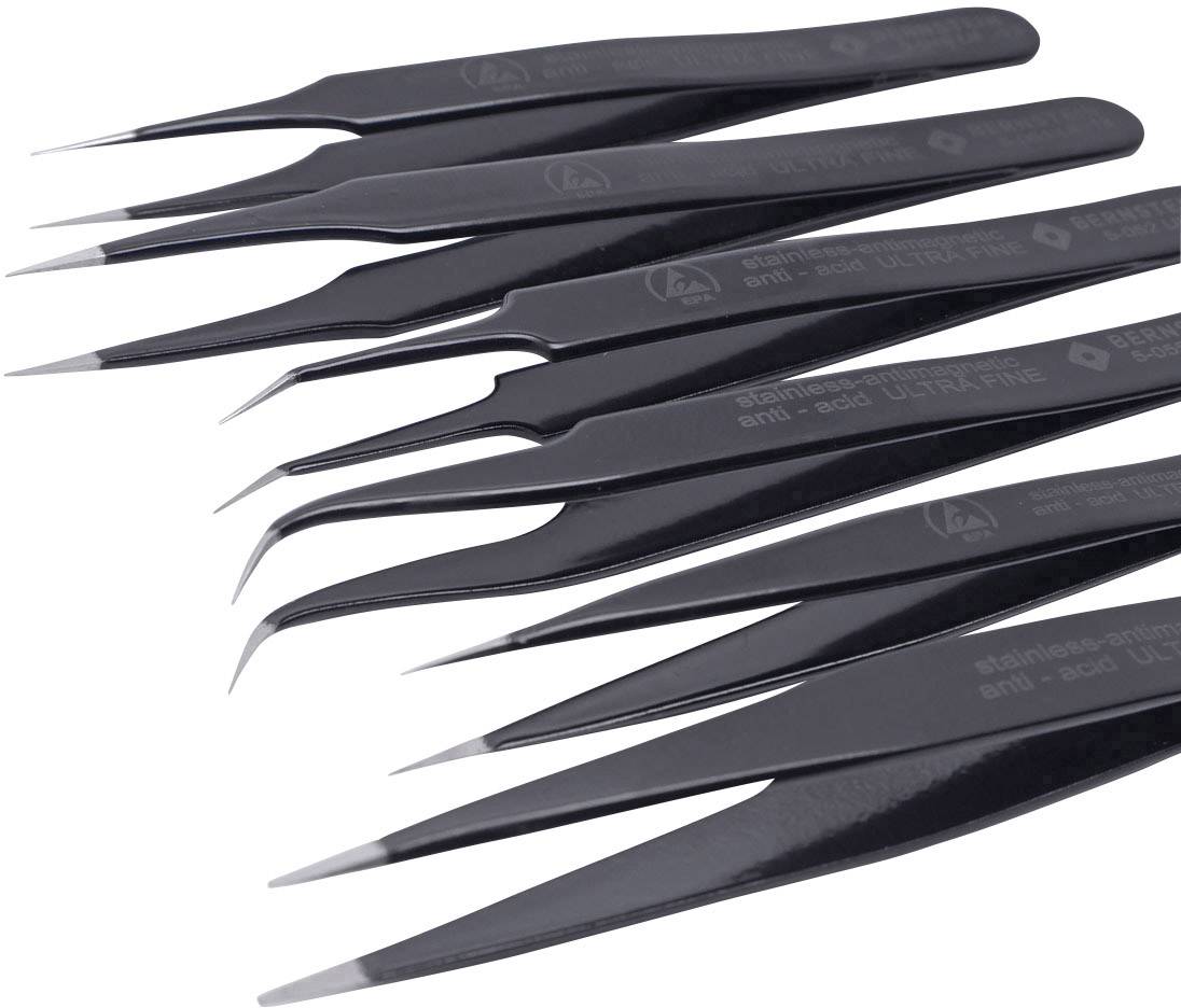 Several anti-static, curved precision tweezers for electronic work are arranged in a row.