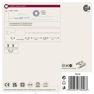 'Paulmann LED-System circuit diagram on cardboard packaging. Contains length specifications and installation instructions for 40 Watt LED light strip.'