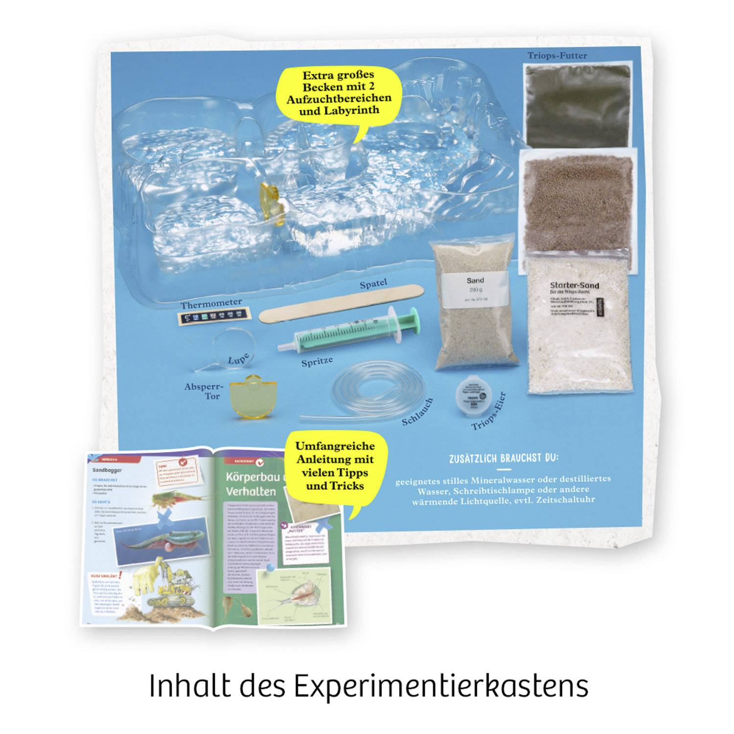 'Experimental kit with large water tank, crabs, sand, thermometer, syringe. Instructions and tips included. Topic: Crab behaviour.'