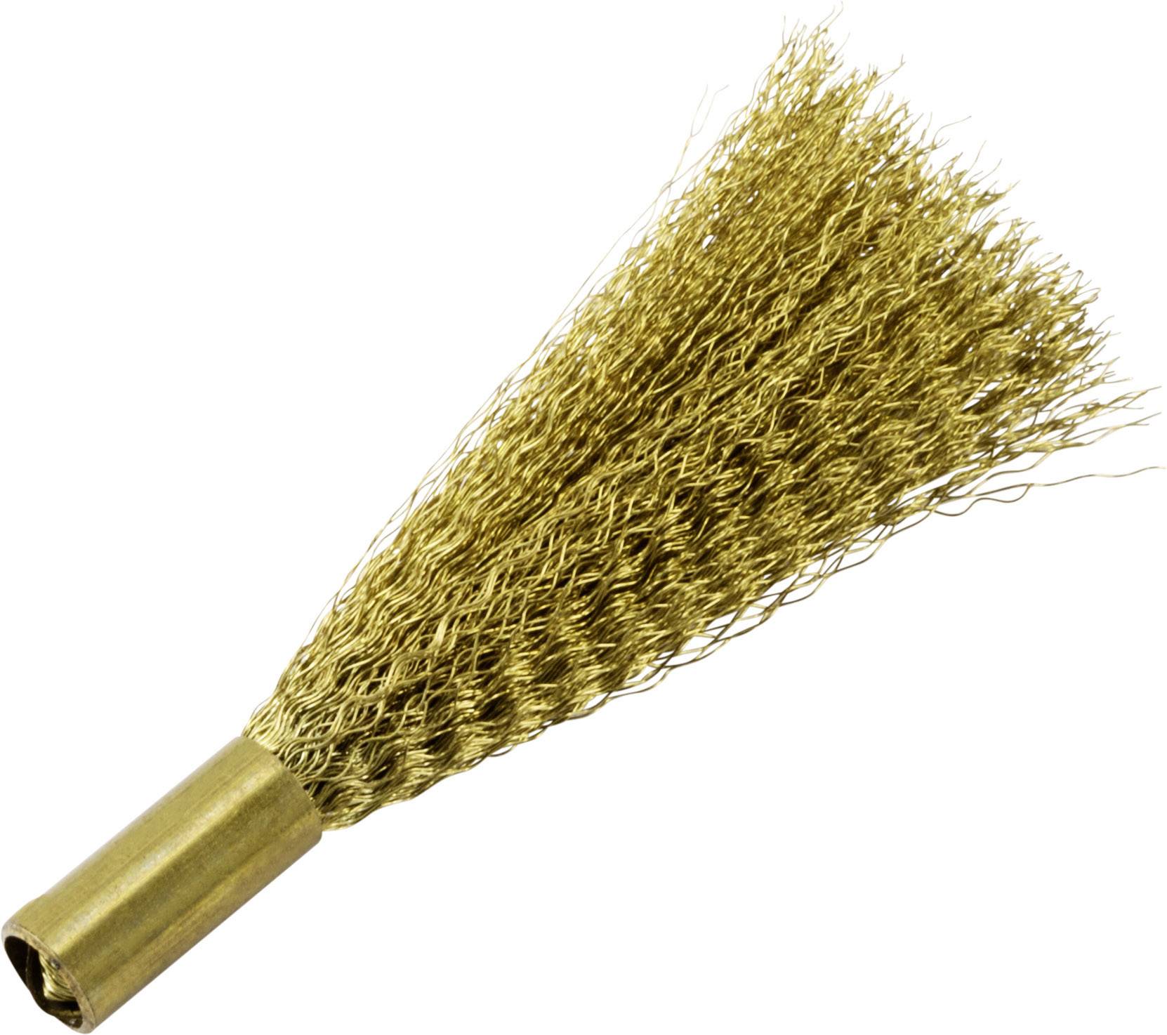Brass wire brush with a dense, radial bristle head, suitable for cleaning or polishing metal surfaces.