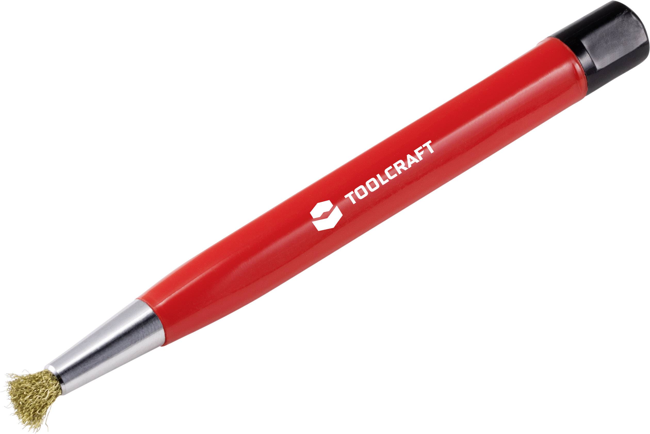 Red desoldering sucker with metal tip and brush head, suitable for electronic work.