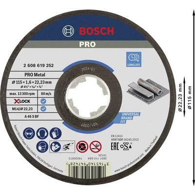 A Bosch metal cutting disc. Diameter: 115 mm. Thickness: 1.6 mm. Suitable for: Metal. X-LOCK and Universal Brand Fit logos visible.